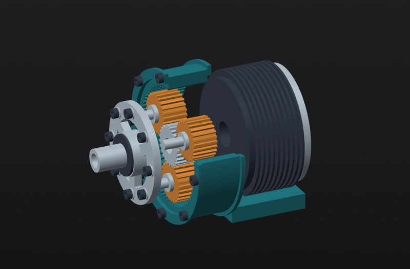 A gear assembly in Lathe’s CAD view, with orange gears, a teal housing, and a dark motor